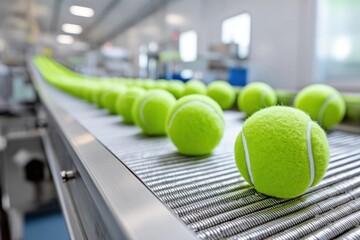 New tennis balls on a conveyor belt, in a sports equipment factory.
