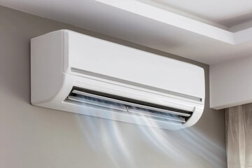 A white air conditioner unit mounted on a wall, blowing cool air into the room, providing a comfortable environment.