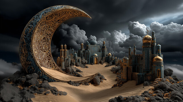Golden crescent monument in a mystical desert – symbolic surreal structure among clouds