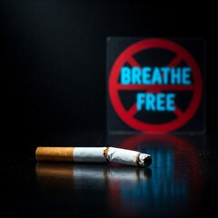 Obraz premium broken cigarette and no smoking sign with breathe free message on black background with reflection in blue and red