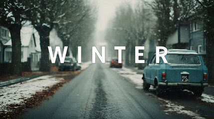 Tranquil Winter Wonderland: Blue Car Journey Through Icy Snow-Covered Suburban Road in Cold Nature Photography