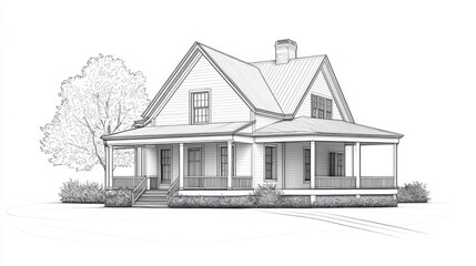 Sketch of a farmhouse with porch