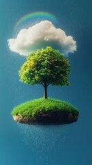 A grassy island with a tree floats under a cloud and rainbow during rain