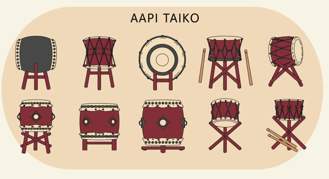 Japanese traditional taiko drums set vector illustration with wooden stands and drumsticks in red and beige colors 