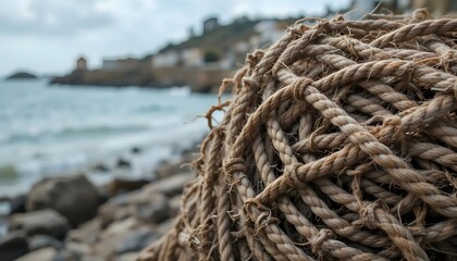 Fototapeta premium Close-Up of Weathered Fishing Net with Coastal Background