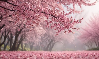 Delicate pink sakura petals drift against a bokeh of blooming cherry trees ,  tranquil,  macro