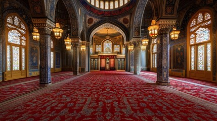 Obraz premium The interior of the Blue Mosque showing ornate Islamic art and domes