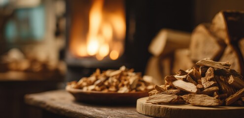 Warm Ambiance,  Wood Chips with Fireplace Creates Cozy Atmosphere with Rustic Wood Pile Nearby