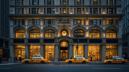 Fifth Avenue shopping street with luxury stores and yellow taxis