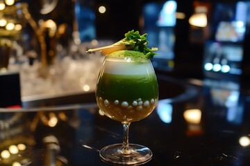Green Matcha Cocktail With Boba Pearls In Stemmed Glass At Stylish Bar