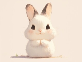 Obraz premium An adorable fluffy bunny with big eyes sits in a field, its paws held together