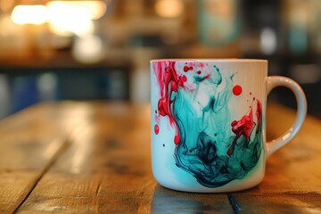 Colorful painted design adorning a ceramic mug.