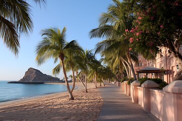 Tropical palms along pink sand beach  
