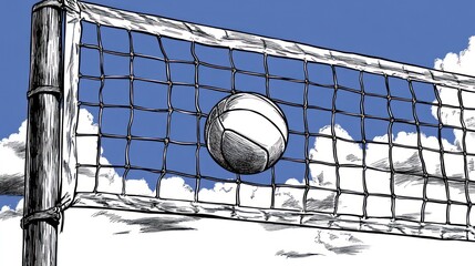 Volleyball in the air, over a net, outdoor scene