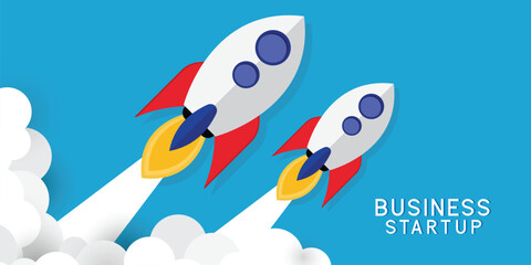 Business start-up banner with rocket launch