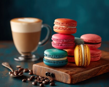 Colorful macarons stacked on a wooden board beside a cappuccino and coffee beans, creating a vibrant dessert and coffee scene. - Powered by Adobe