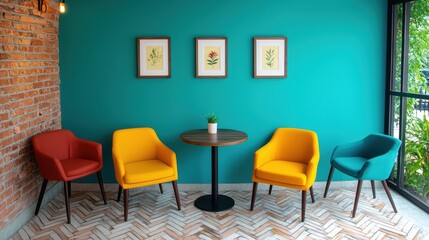 Colorful Chairs in Modern Interior with Turquoise Wall and Plants