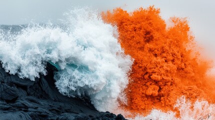 Naklejka premium Dramatic Contrast of Ocean Waves and Volcanic Eruption Colors