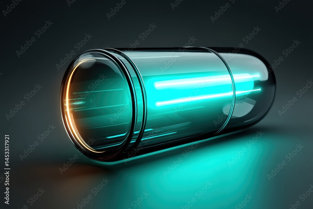 Poster bright glowing capsule showcases the potential of futuristic nanomedicine in a dark, sleek environme