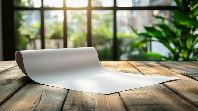Fototapeta unrolled paper sits on wood table near window with Concept theme