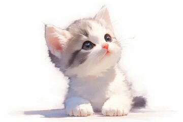 Fototapeta premium An adorable, white and grey kitten looks up with big eyes on white backdrop