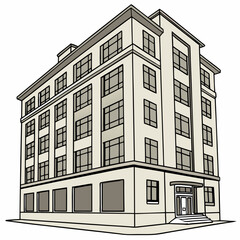 Illustrated Old Commercial Building Exterior With Windows And Entrance Door