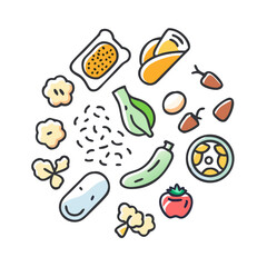 Cute Vegetables And Food Icon Set Circular Design Black Background