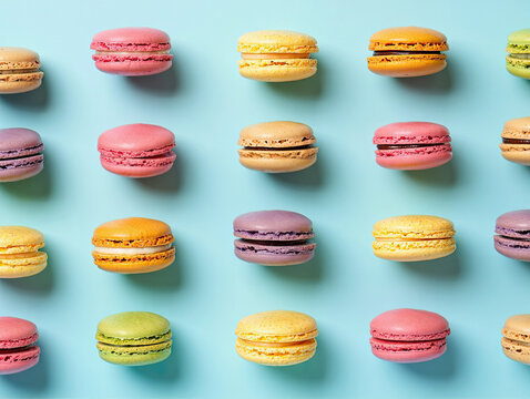 Vector illustration of colorful macarons in a pattern, top-down view, bright pastel tones, stylized yet detailed almond cookie texture, smooth rounded edges, clean white or soft pink background, playf - Powered by Adobe
