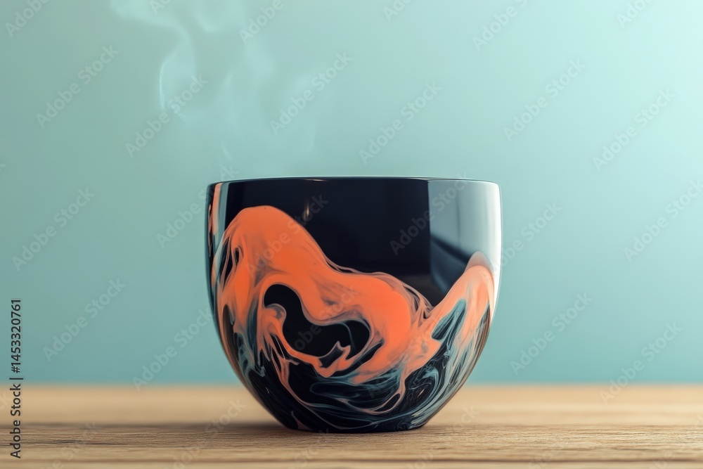 Poster abstract painted bowl with steaming contents on a table.