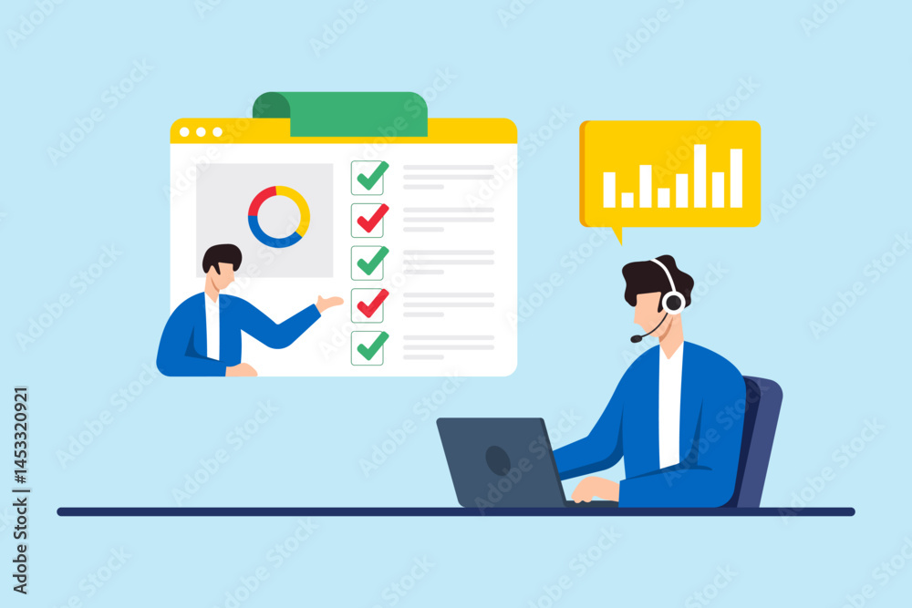 Poster flat illustration of consultant communicating tasks with client using dashboard and analytics report