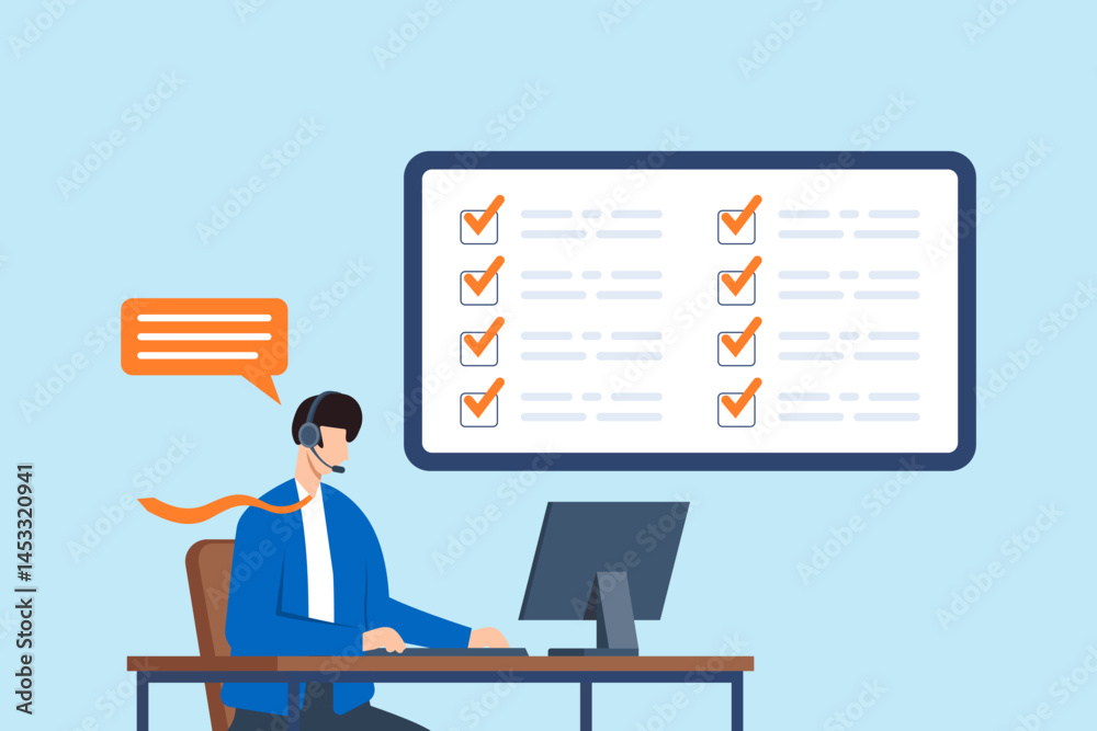 Poster flat illustration of support specialist solving customer issues with headset and computer screen dis