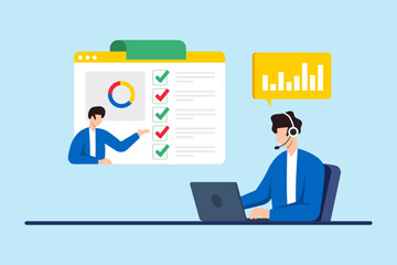 Flat illustration of consultant communicating tasks with client using dashboard and analytics report in remote customer support service
