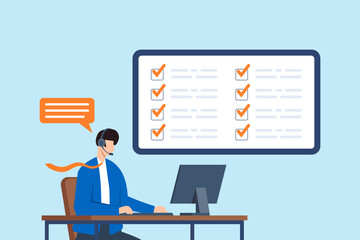 Flat illustration of support specialist solving customer issues with headset and computer screen displaying completed task checklist