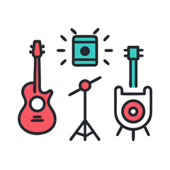 Colorful Music Instruments Icon Design Guitars Speaker And Microphone On Black