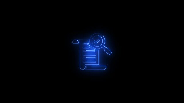 Glowing neon data audit icon.HD motion graphic video animation with neon effects.isolated on a black background.