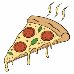 Cartoon Slice Of Pepperoni Pizza With Melting Cheese And Basil