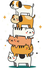 Naklejka premium Cute cartoon illustration of stacked cats and dogs in playful balanced tower artwork