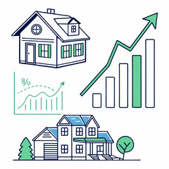Real Estate Market Growth With Houses And Financial Charts Depicted In Line Art
