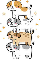 Obraz premium Stack of four adorable cartoon dogs in playful positions with sparkling stars around cheerful mood 