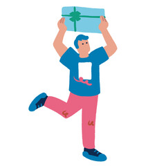 プレゼントを持って喜ぶ男性　カラフルでフラットな手書きのイラスト
