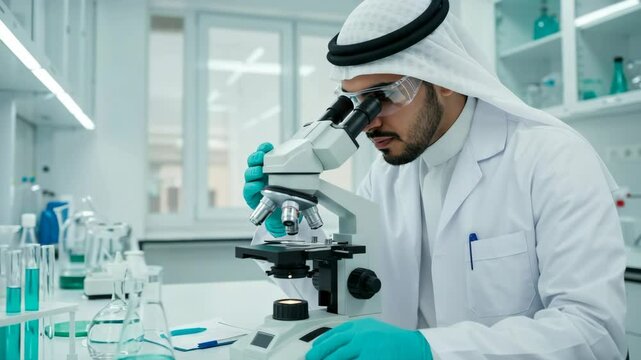 Arab scientist using microscope in modern laboratory, ideal for biotechnology, medical research, healthcare innovation, or scientific discovery-themed visuals and editorial content.