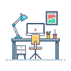 Home Office Illustration With Desk Chair Computer And Lamp On Black