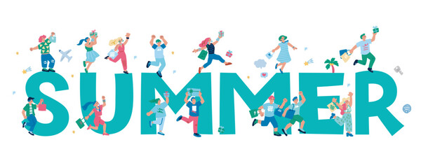 SUMMER プレゼントやショッピングで喜ぶ人々の手書きのイラスト
