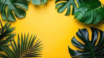 Naklejka premium Tropical Green Leaves Frame a Bright Yellow Background for Summer Theme
