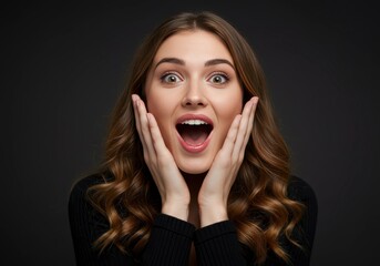 Astonished Young Woman with Long Brown Hair Surprised Expression