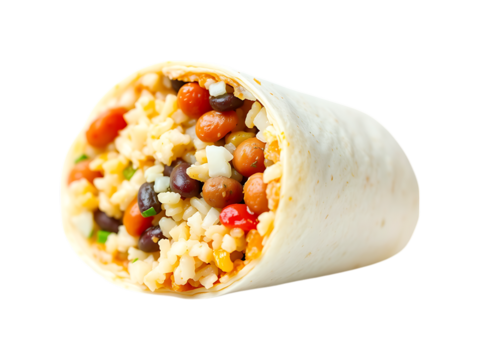 Delicious Burrito with Rice Beans and Vegetables on transparent background