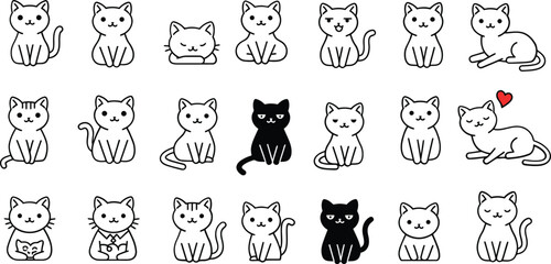 Fototapeta premium Cute cartoon cats in various poses including black and white colors with one cat showing a red heart symbol