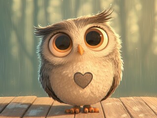 Animated owl with big eyes and heart on chest in whimsical setting