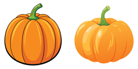 Two vibrant orange pumpkins with green stems, perfect for autumn decorations and culinary delights.