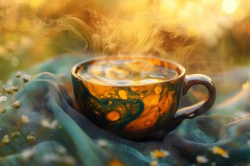 Golden warmth in a textured mug.